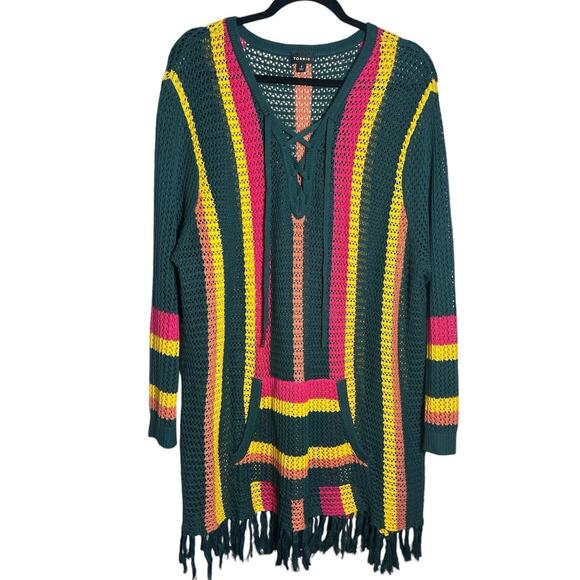 torrid Sweaters - Torrid Open Stich Pullover Striped Sweater Green Pink Yellow Fringe Hem Size 2